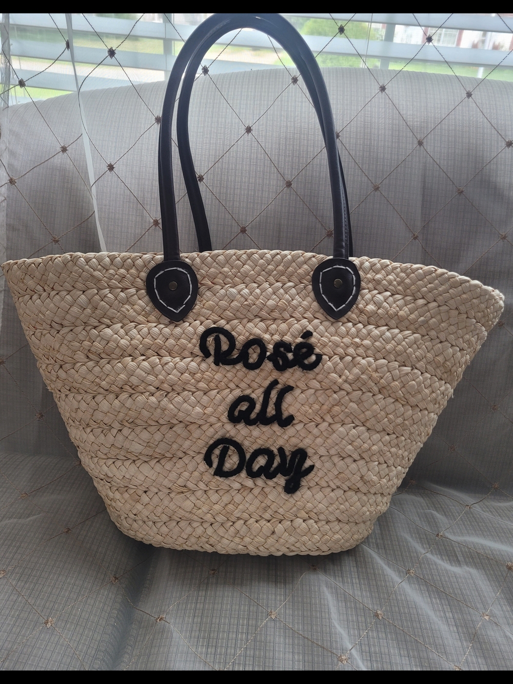Serra Rosé All Day Embroidered Straw Tote Bag  women’s Summer Beach Bag